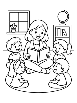 Free printable Teacher Reading To Happy Students coloring page