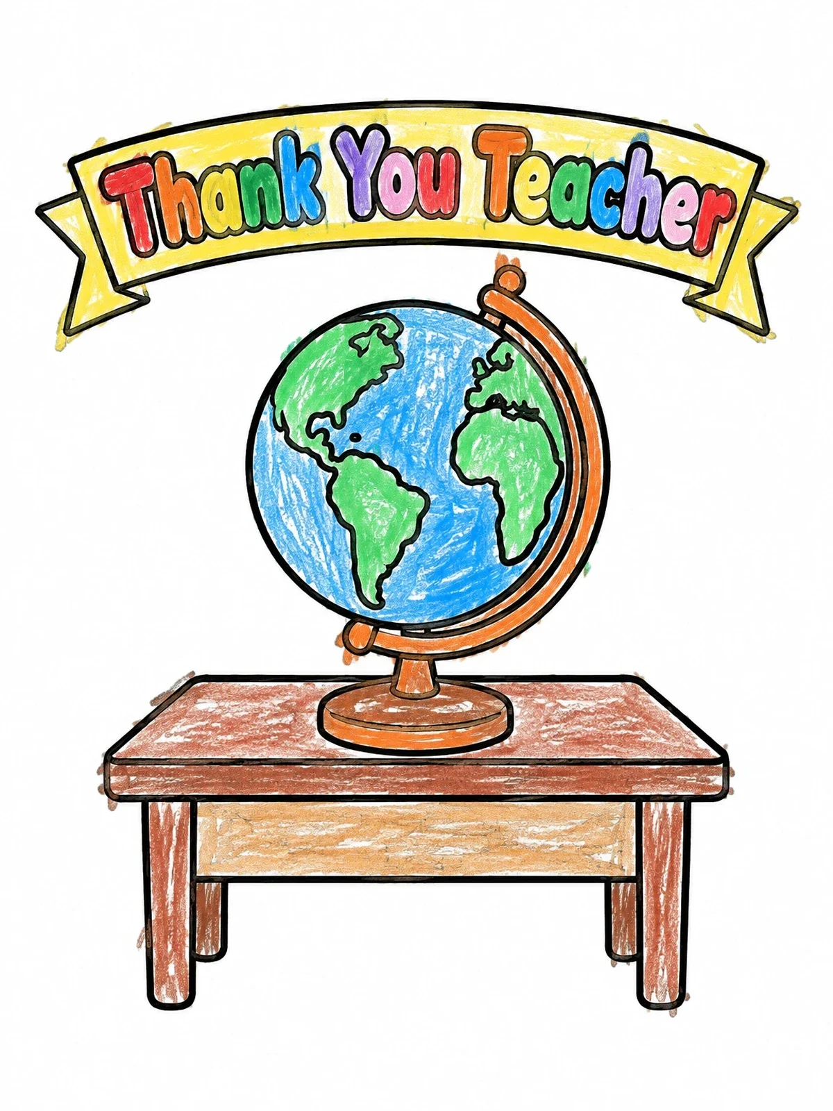 Colored example of the Thank You Teacher Globe On Desk coloring page