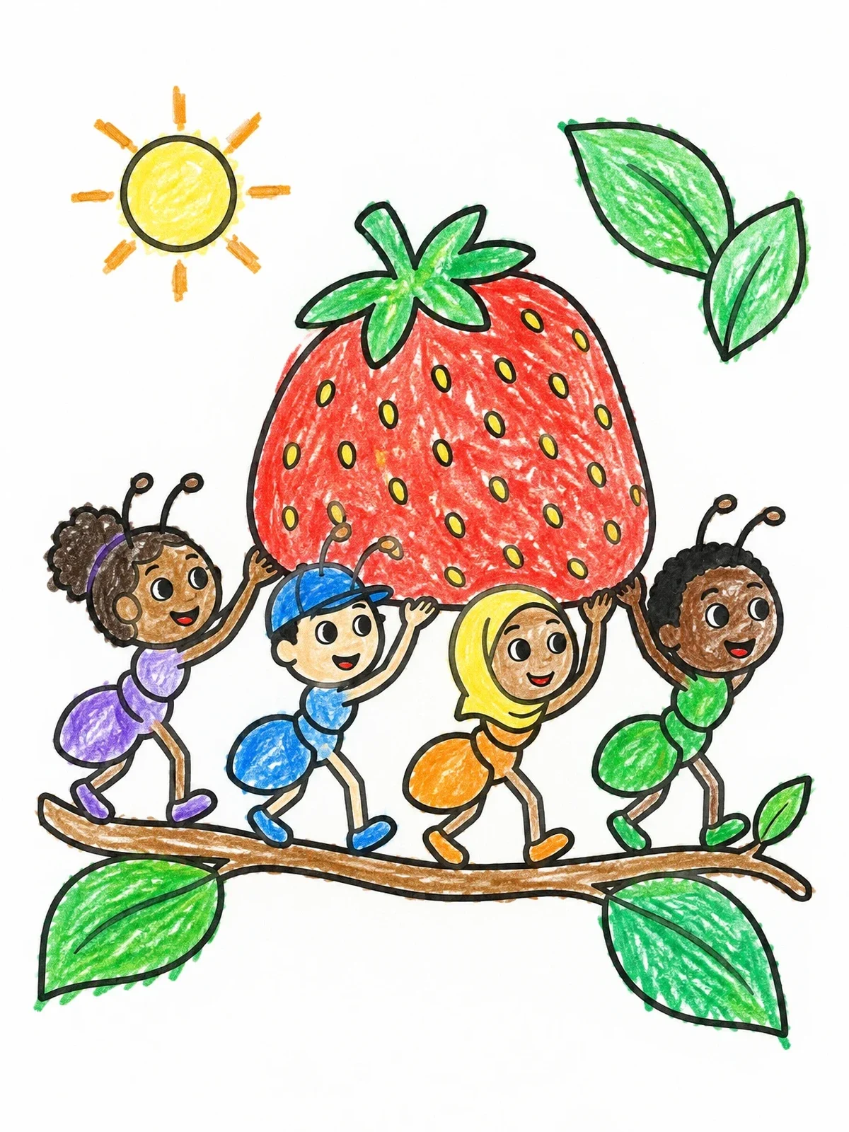 Colored example of the Cute Ant Kids Carrying Strawberry coloring page