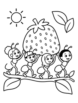 Free printable Cute Ant Kids Carrying Strawberry coloring page