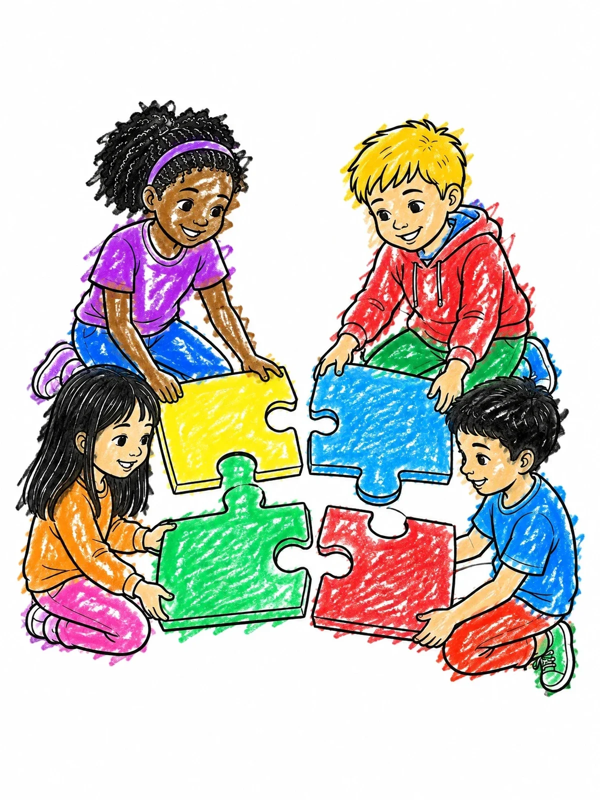 Colored example of the Children Assembling Giant Floor Puzzle coloring page
