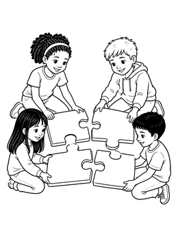 Free printable Children Assembling Giant Floor Puzzle coloring page