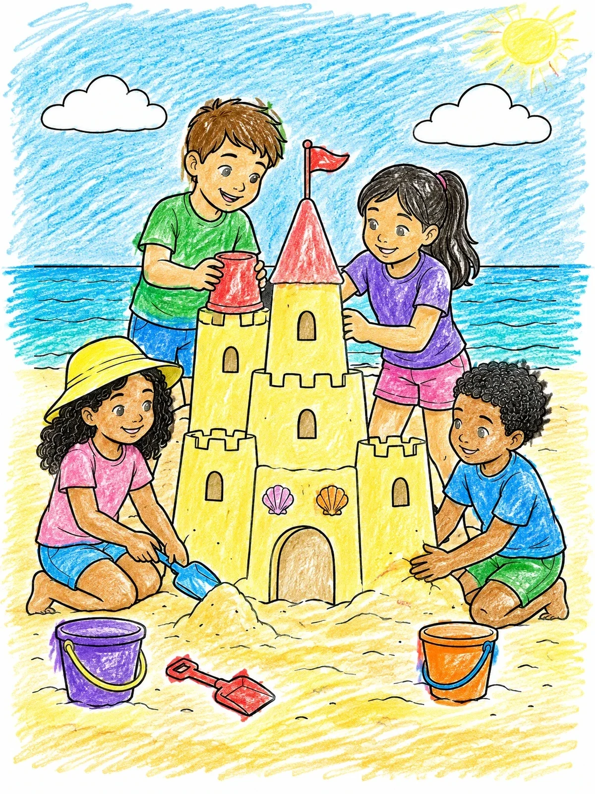 Colored example of the Children Building A Sandcastle Together coloring page