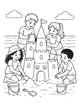 Free printable Children Building A Sandcastle Together coloring page