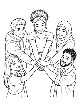 Free printable Diverse Friends Team Huddle coloring page