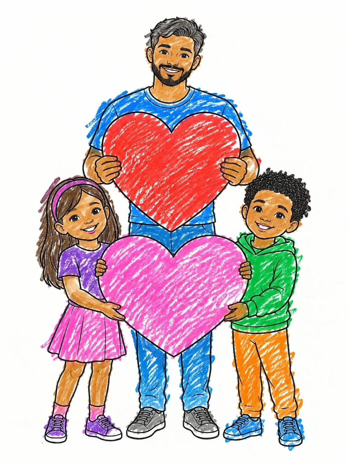 Colored example of the Father And Children Holding Hearts coloring page