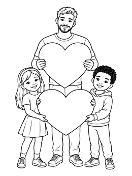 Free printable Father And Children Holding Hearts coloring page