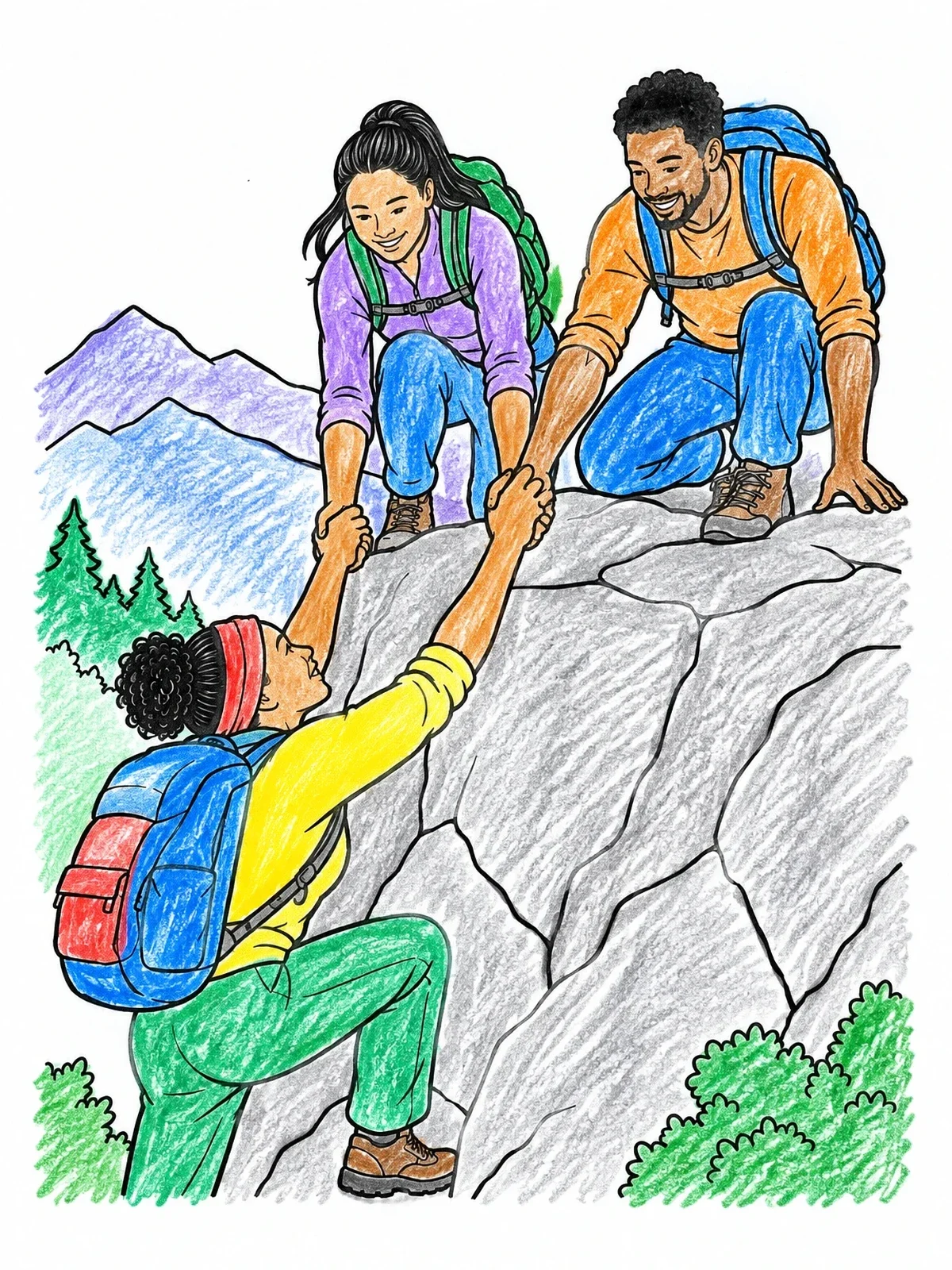 Colored example of the Hikers Helping Teammate Up Rocky Mountain coloring page