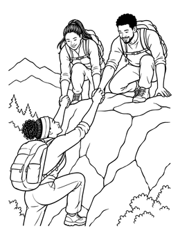 Free printable Hikers Helping Teammate Up Rocky Mountain coloring page