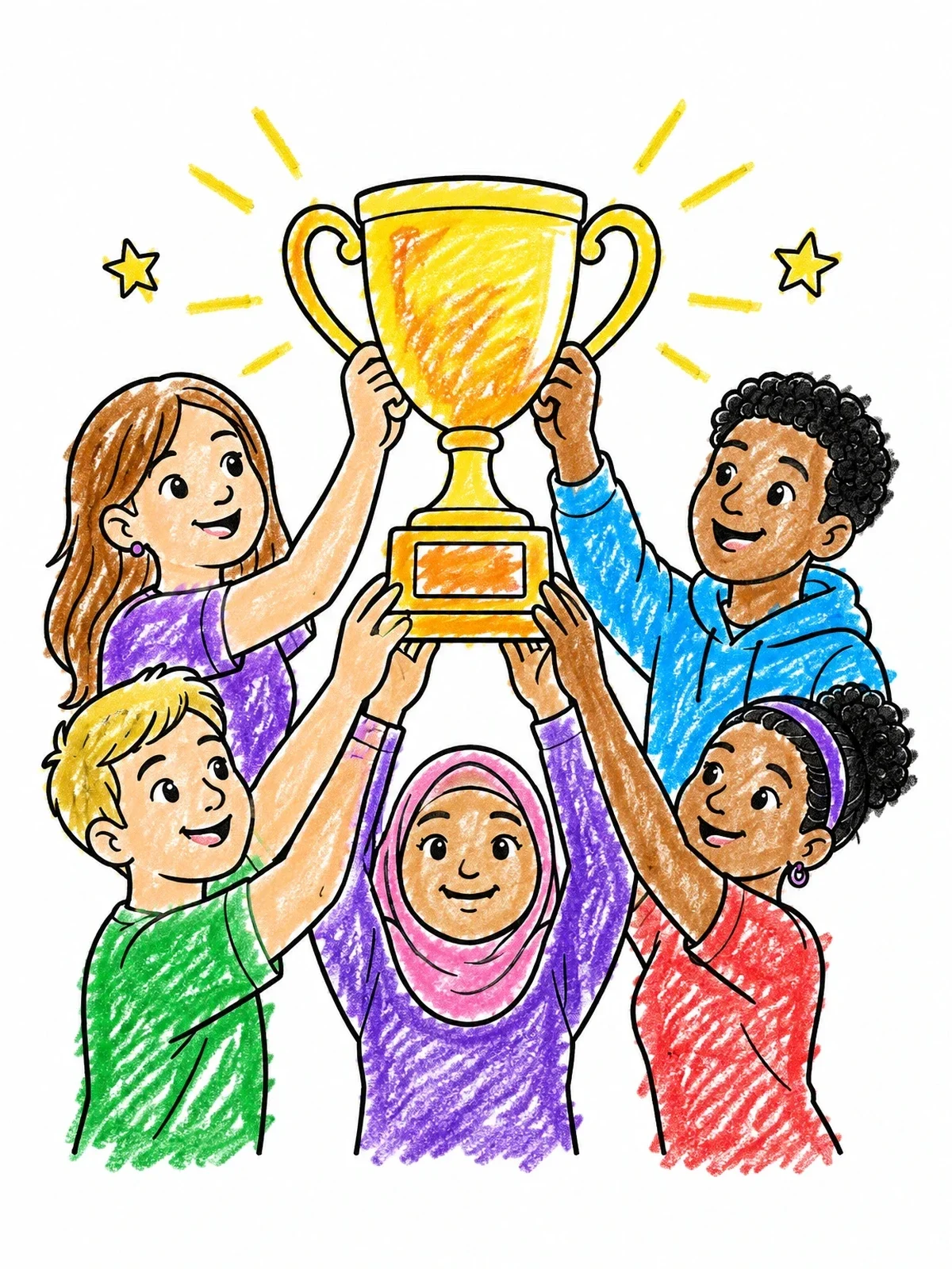 Colored example of the Diverse Kids Celebrating Trophy Victory coloring page