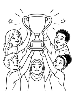 Free printable Diverse Kids Celebrating Trophy Victory coloring page