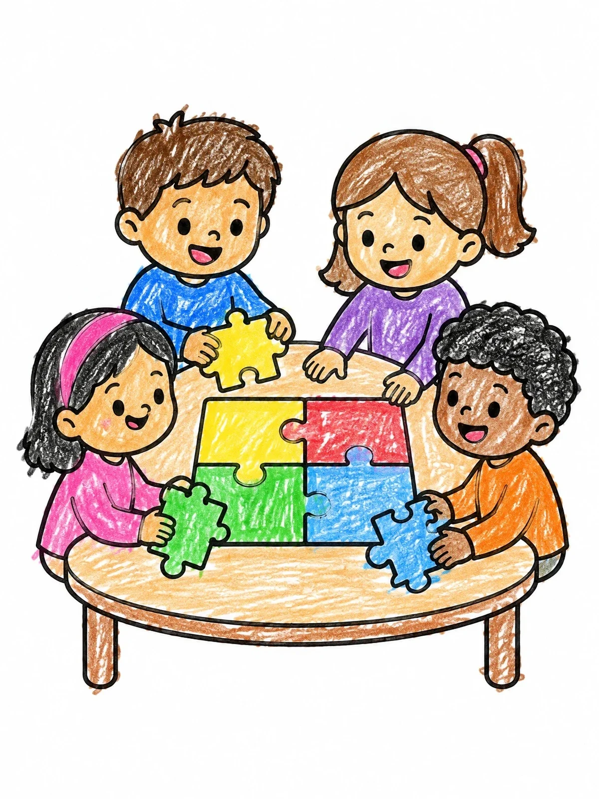Colored example of the Children Solving Puzzle Together coloring page