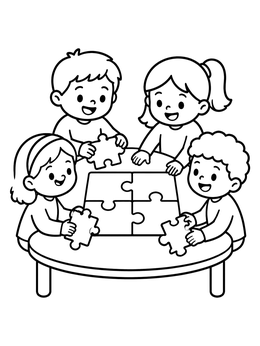Free printable Children Solving Puzzle Together coloring page