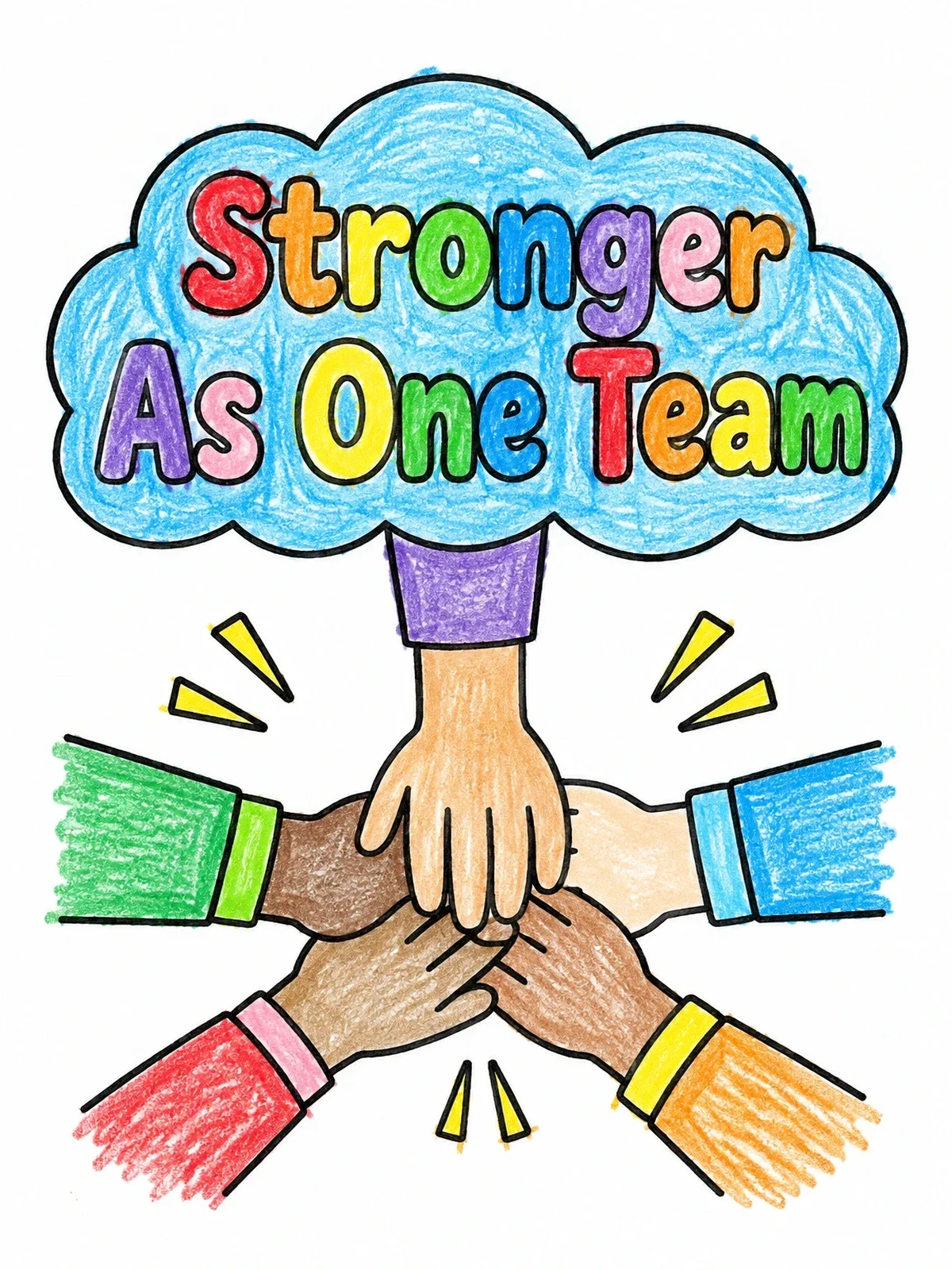 Colored example of the Stronger As One Team Hands Together coloring page