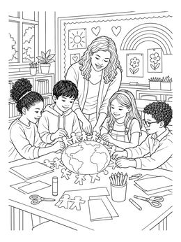 Free printable Students Crafting Globe Project Together coloring page