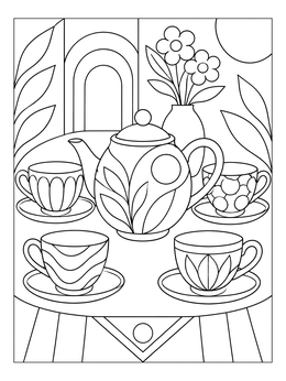A decorative tea cup coloring page featuring four cups around a patterned teapot.