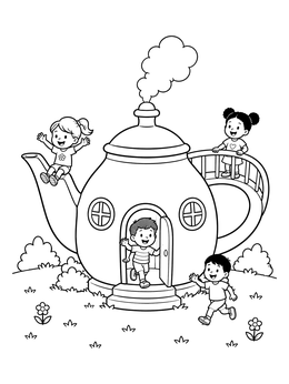 Free printable Teapot Playhouse With Happy Kids coloring page