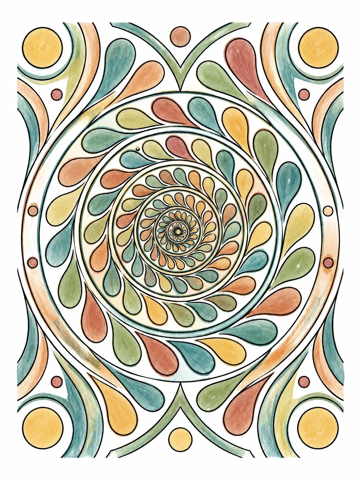 Colored example of the Teardrop Ripple Fractal Spiral coloring page