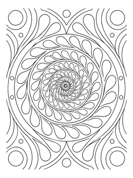 A mesmerizing fractal coloring page featuring concentric swirls of teardrop shapes.