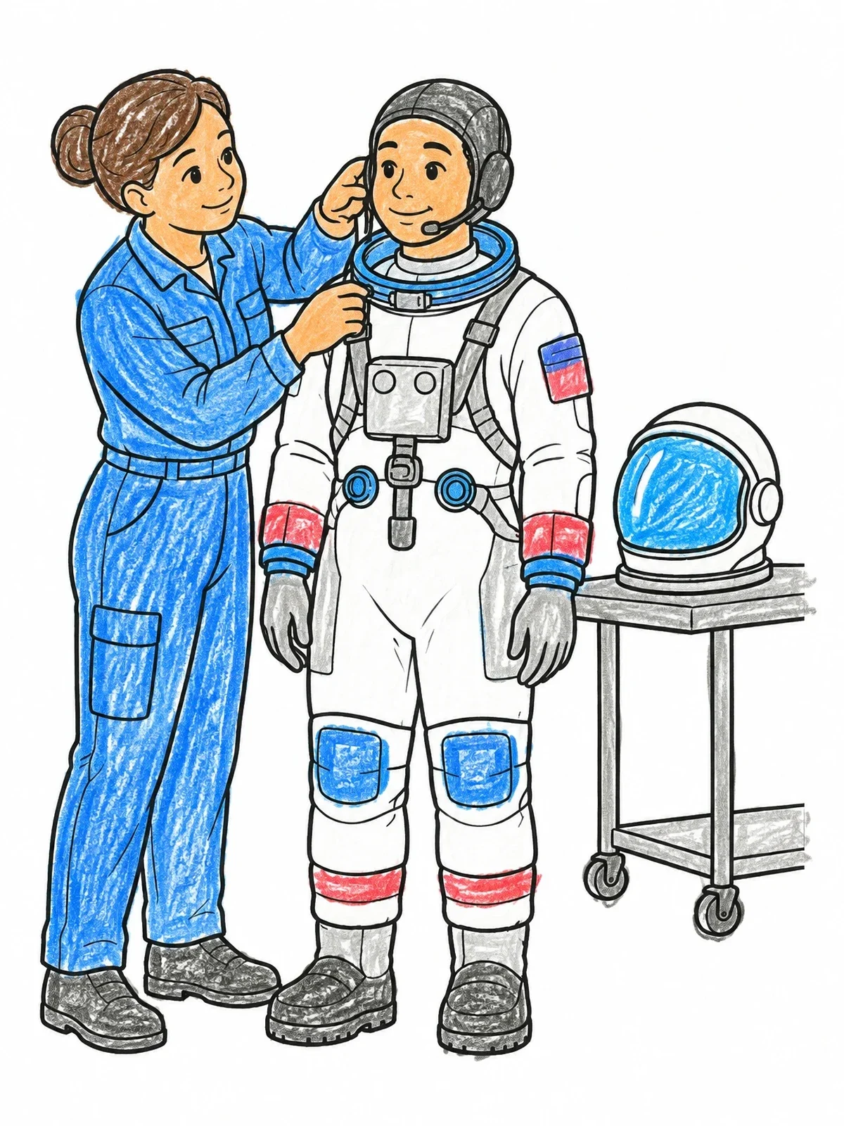 Colored example of the Technician Helping Astronaut Suit Up coloring page