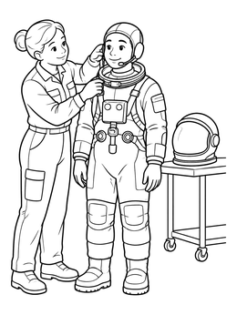 A technician assists with suit gear in this astronaut coloring page.