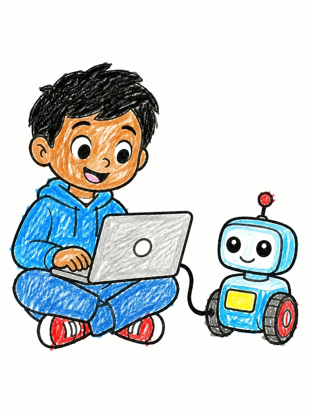 Colored example of the Boy Coding With Cute Robot coloring page