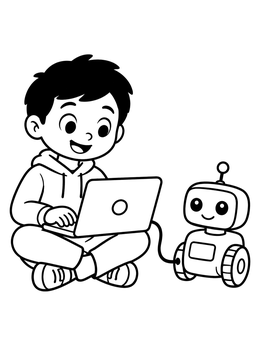 Free printable Boy Coding With Cute Robot coloring page
