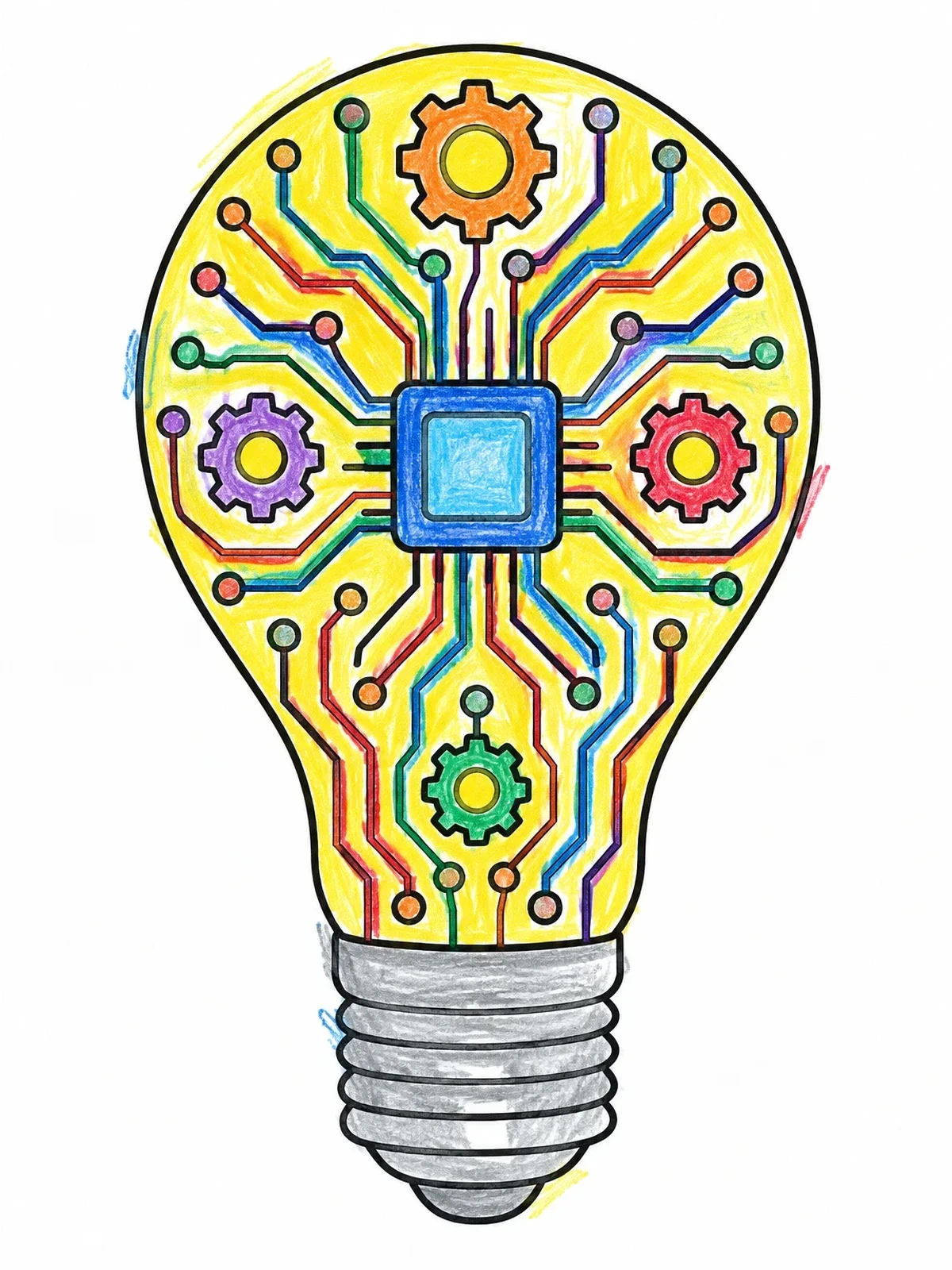Colored example of the Circuit Lightbulb And Gears coloring page