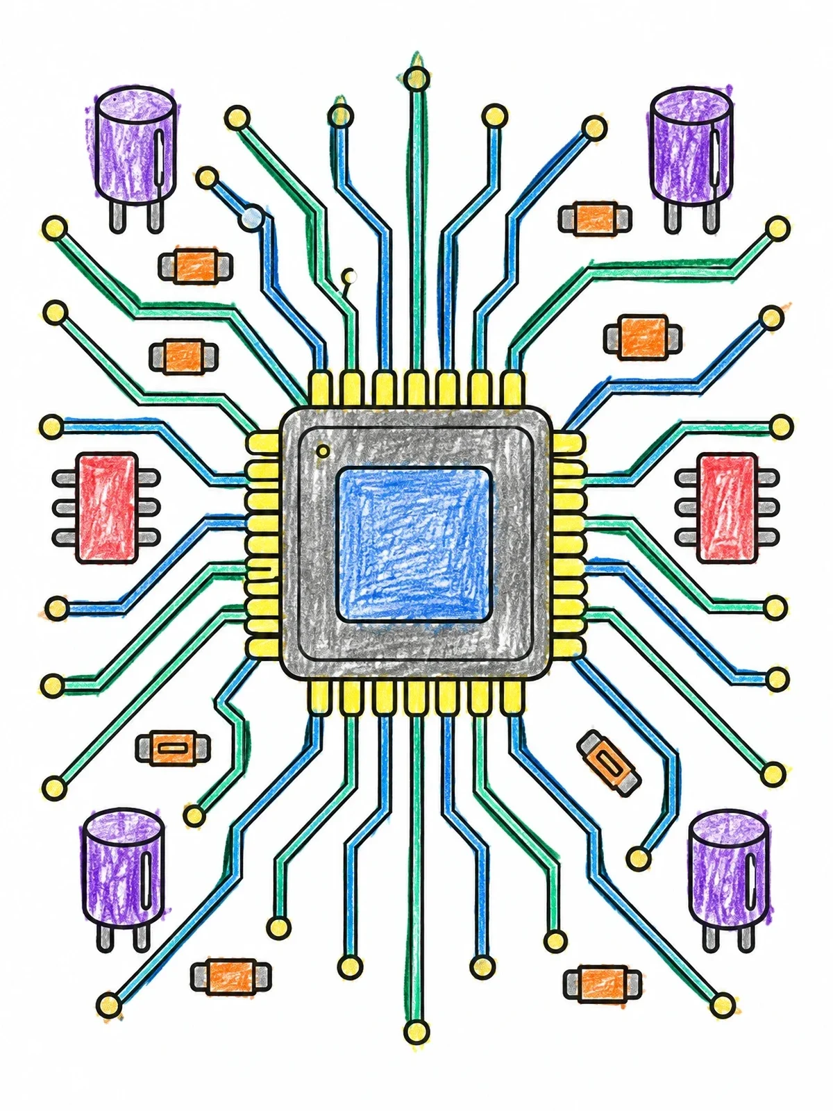 Colored example of the Computer Microchip And Circuit Traces coloring page