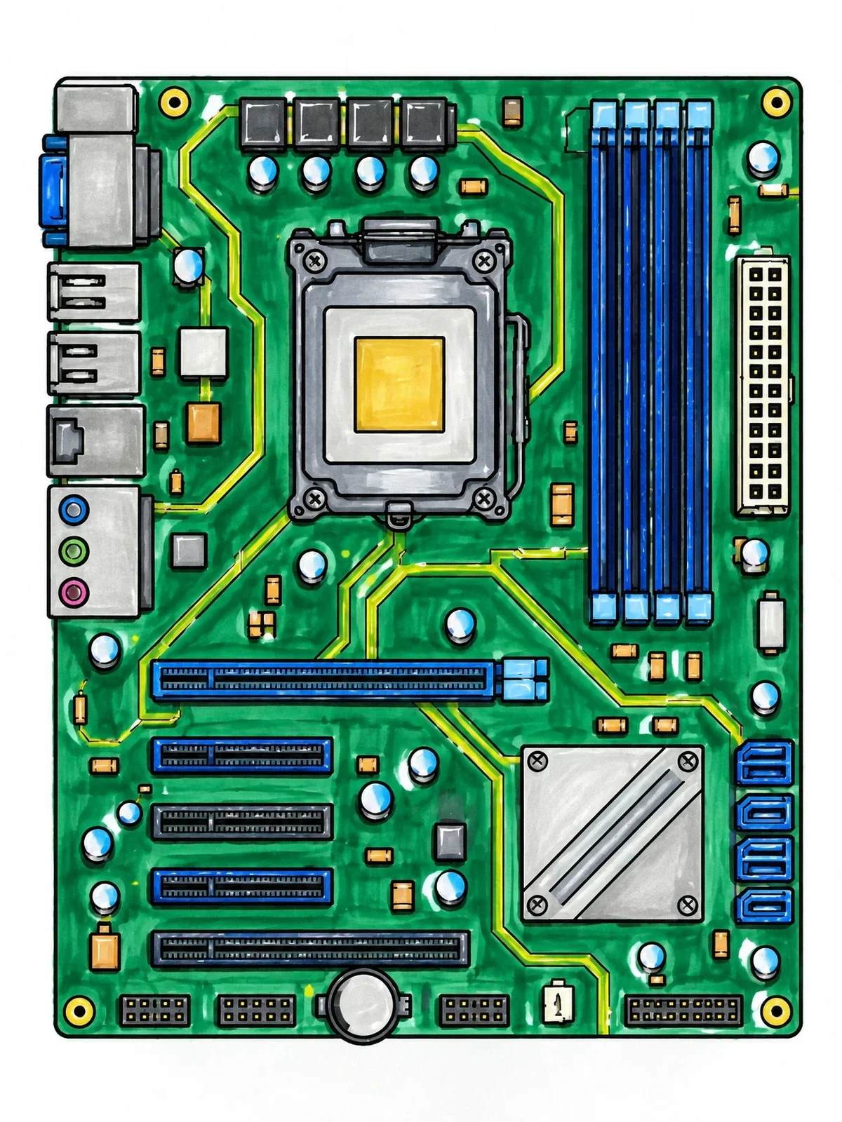 Colored example of the Detailed Computer Motherboard Layout coloring page