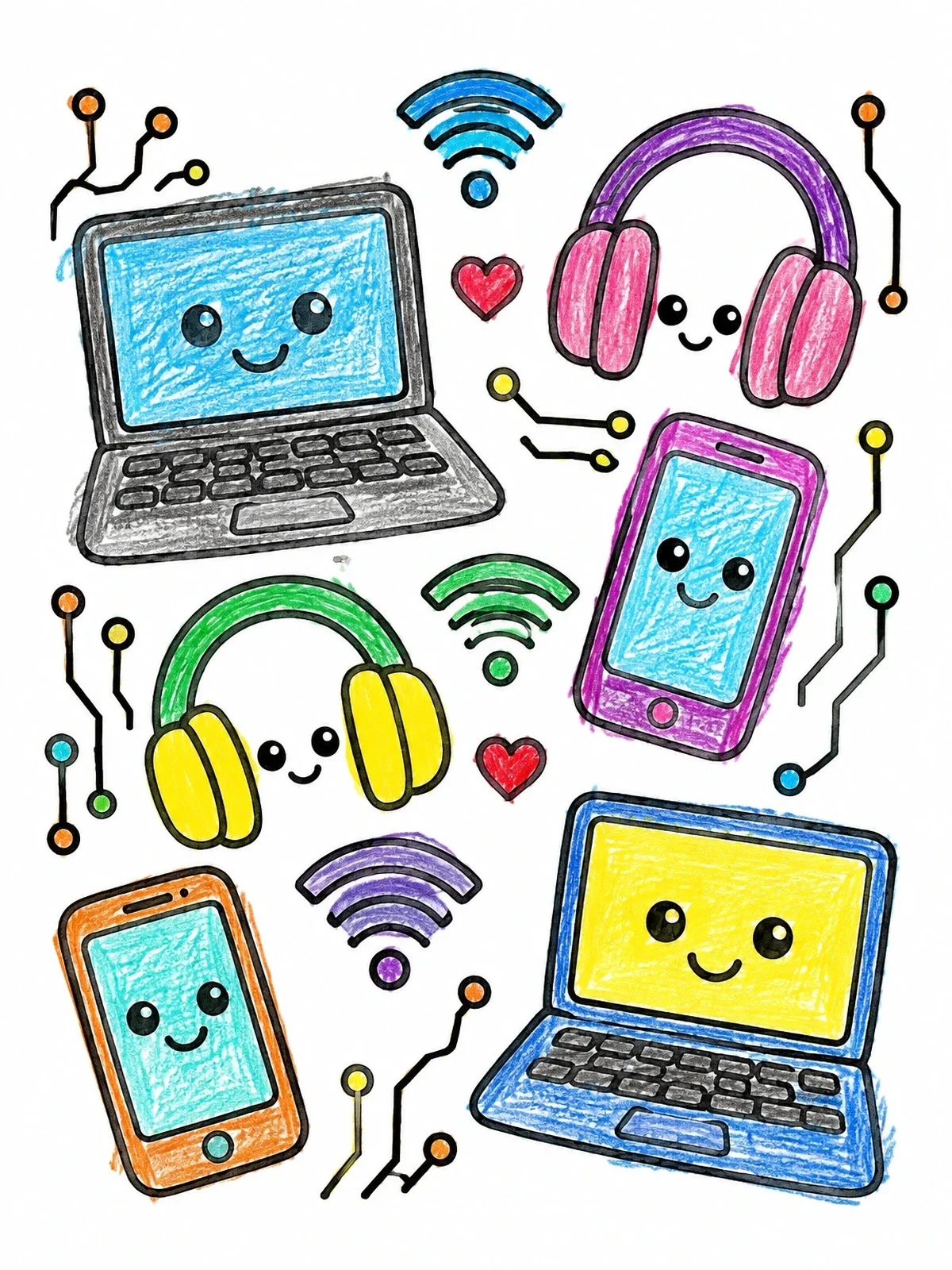 Colored example of the Cute Gadgets And Electronics Doodle coloring page