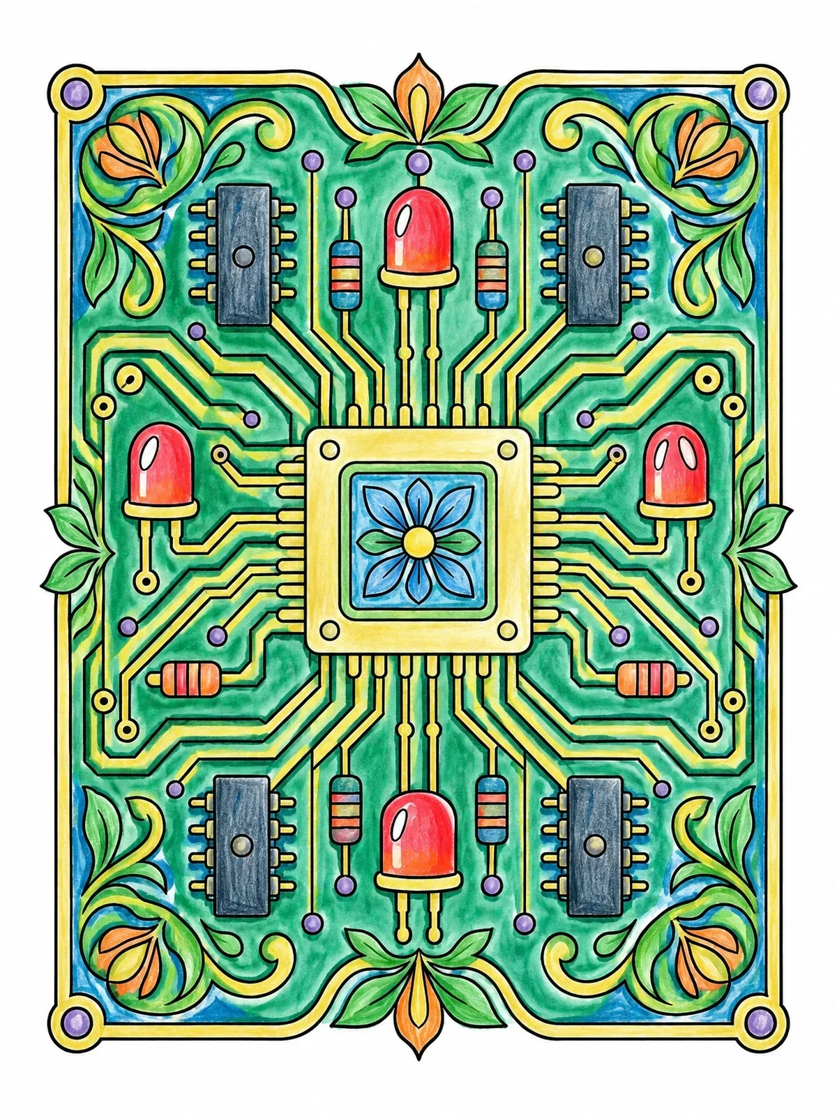 Colored example of the Decorative Circuit Board And Processor coloring page