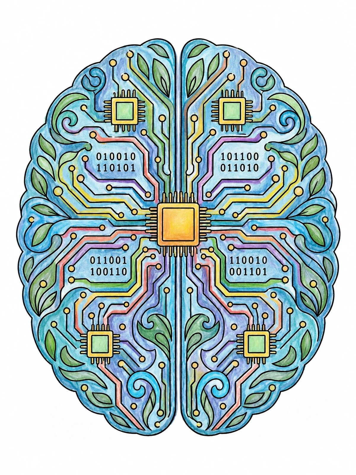 Colored example of the Electronic Circuit Human Brain coloring page