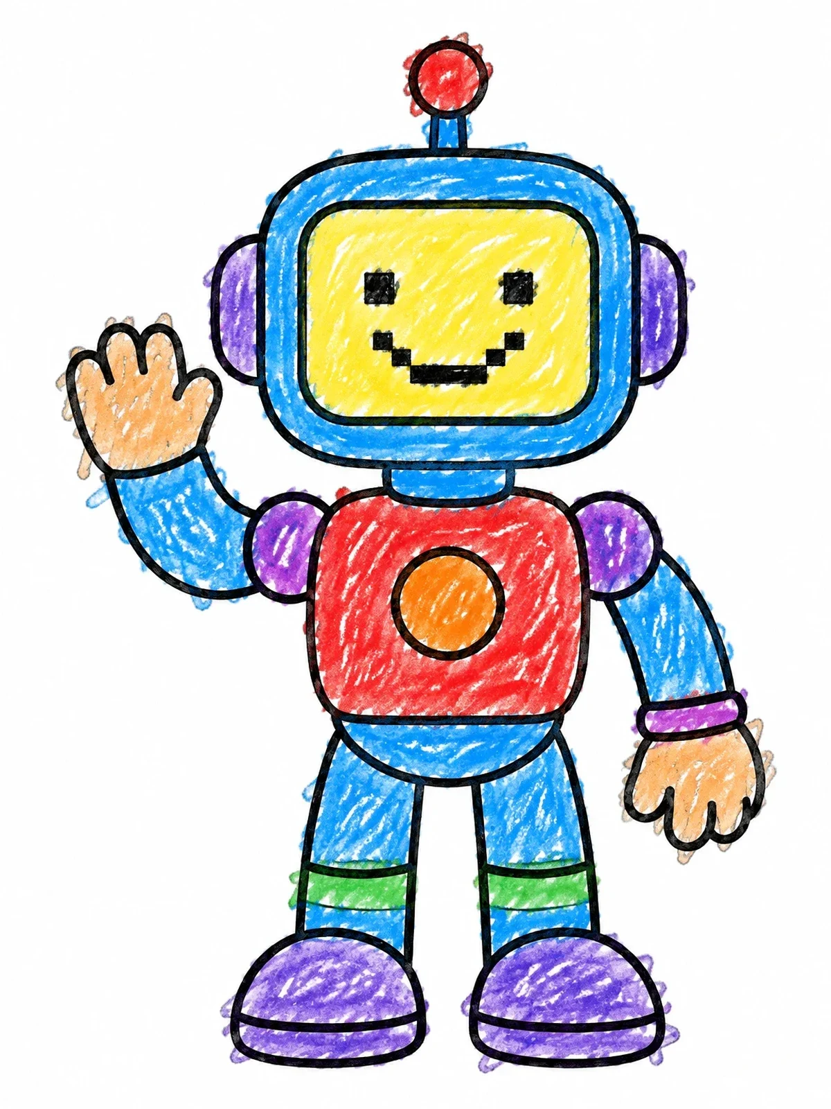 Colored example of the Friendly Robot Waving Hello coloring page