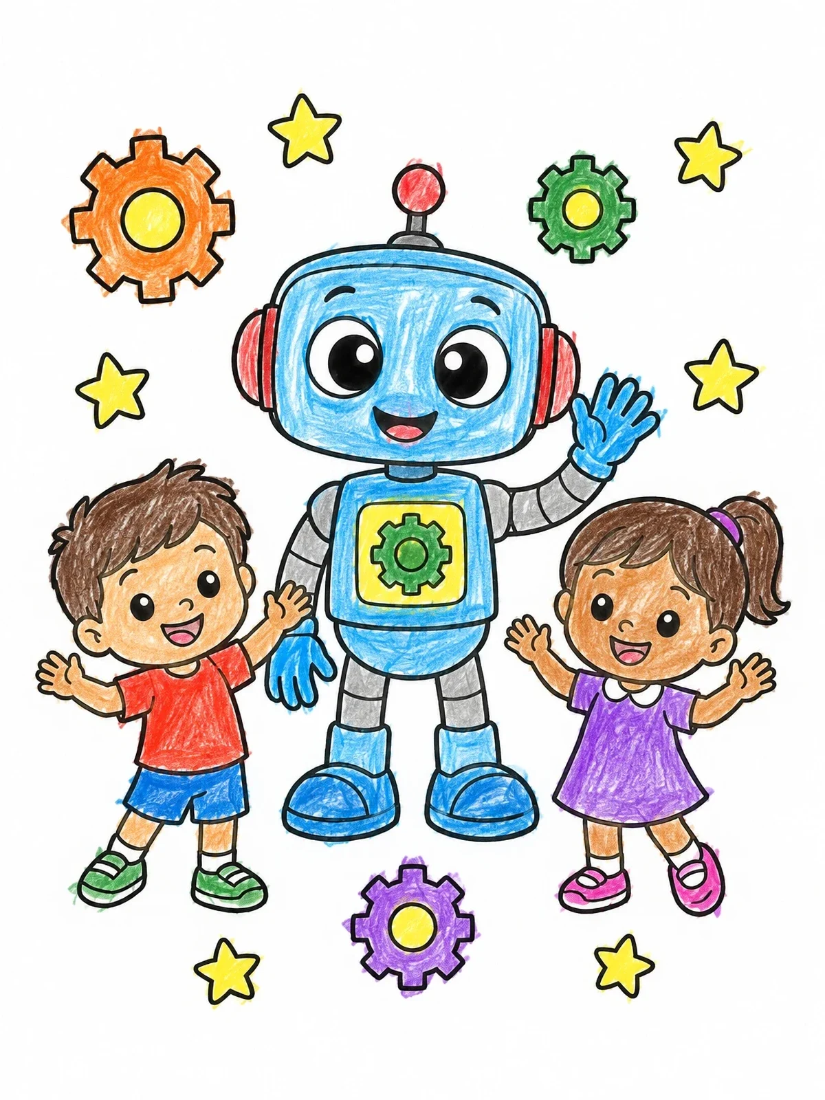 Colored example of the Friendly Robot With Happy Children coloring page