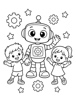 Free printable Friendly Robot With Happy Children coloring page