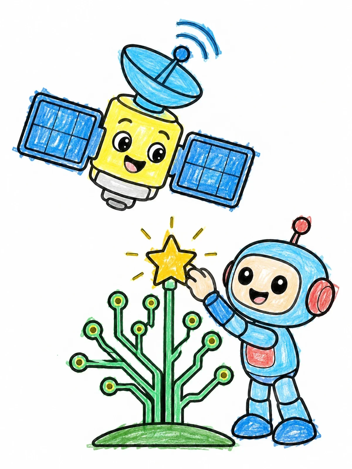 Colored example of the Robot Decorating Circuit Tree With Satellite coloring page