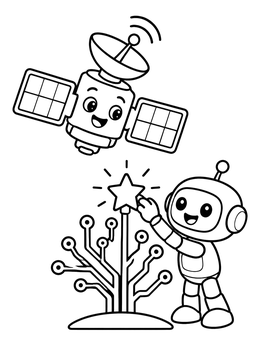 Free printable Robot Decorating Circuit Tree With Satellite coloring page