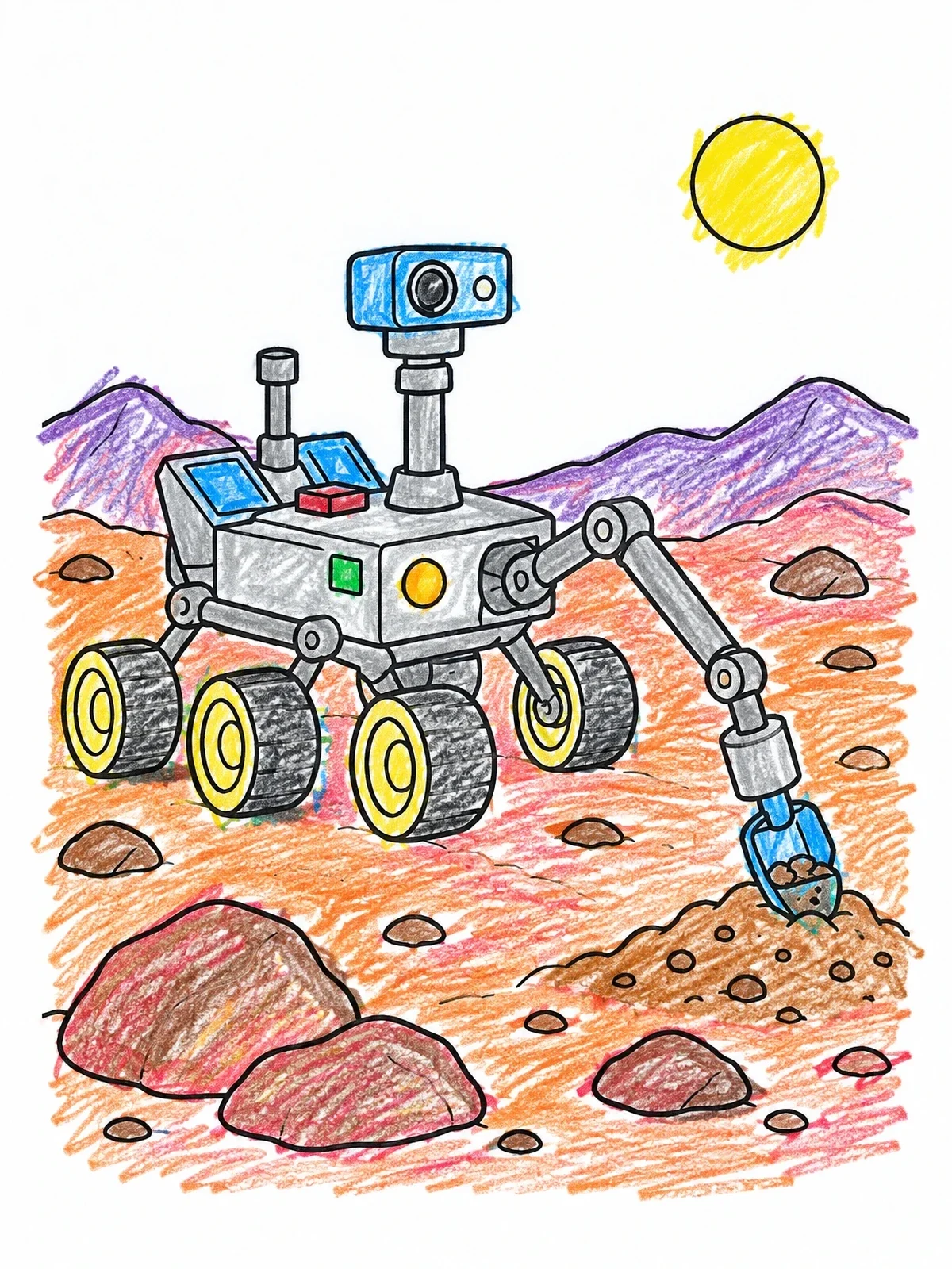 Colored example of the Mars Rover Exploring Rocky Surface coloring page