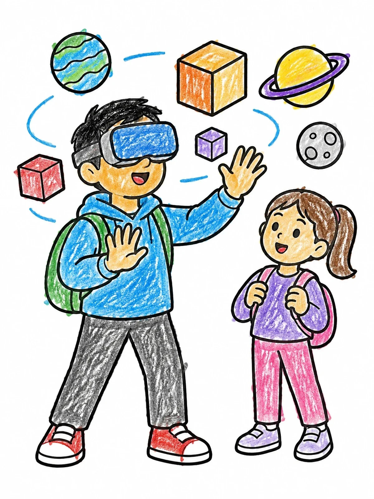 Colored example of the Virtual Reality Space Exploration coloring page