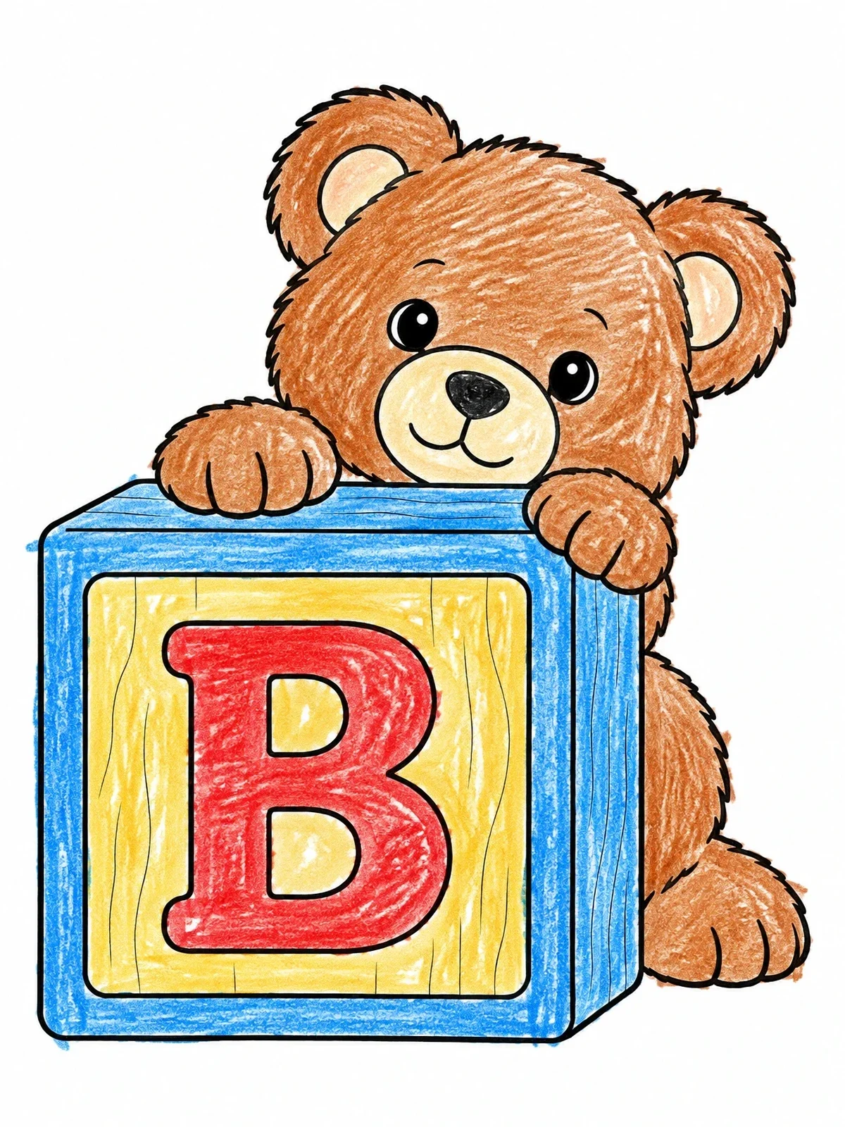 Colored example of the Teddy Bear Behind Alphabet Block coloring page