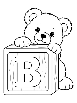 A cute teddy bear coloring page peeking out from behind a wooden toy block with the letter B.