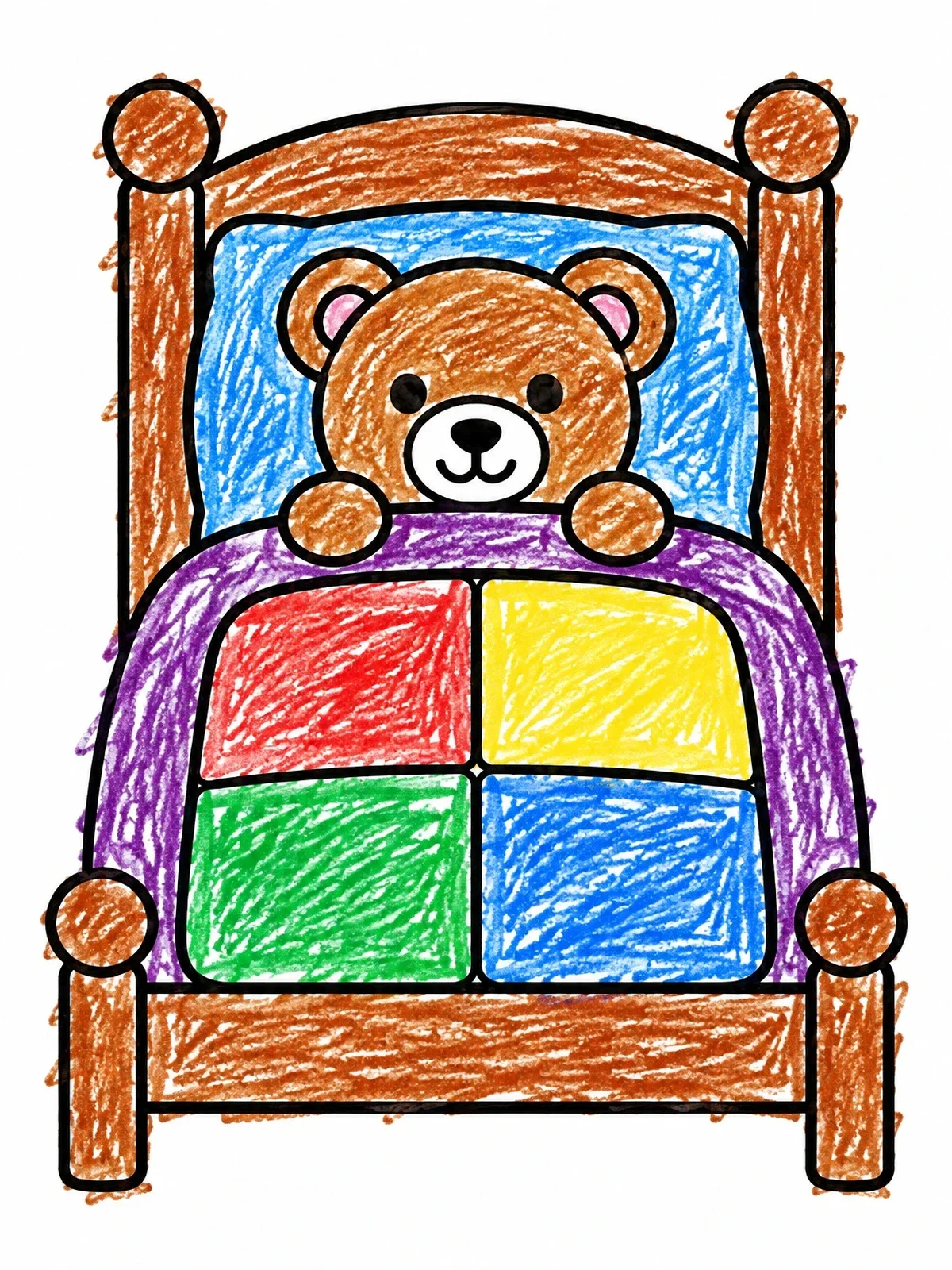 Colored example of the Teddy Bear Tucked Under Quilt coloring page