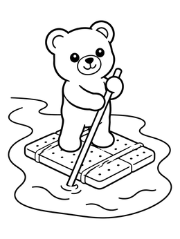 A cute bear coloring page showing a little teddy bear paddling on a biscuit raft.