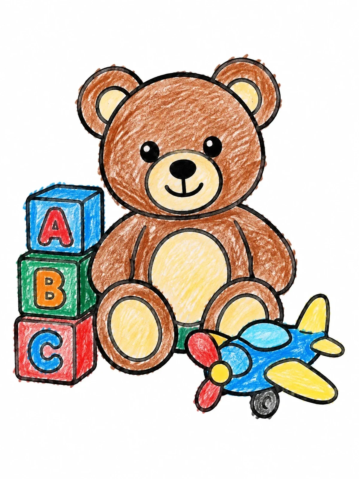 Colored example of the Teddy Bear With Blocks And Airplane coloring page