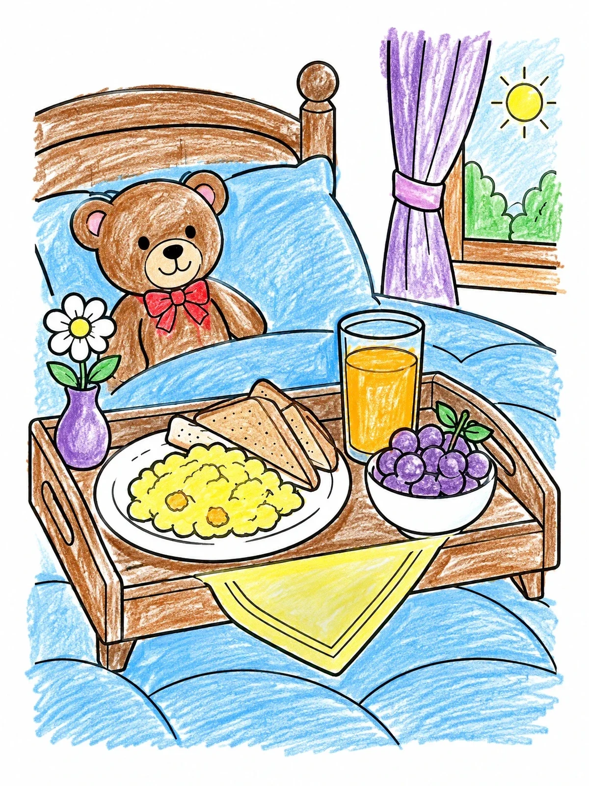 Colored example of the Teddy Bear Breakfast In Bed coloring page
