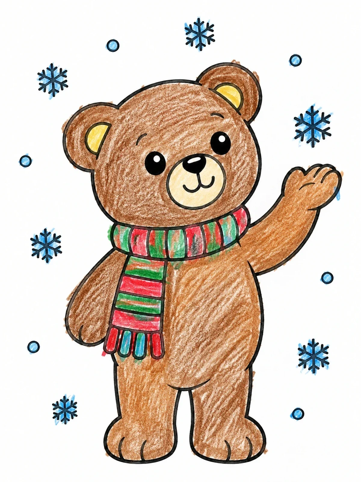 Colored example of the Teddy Bear Catching Snowflakes In Scarf coloring page