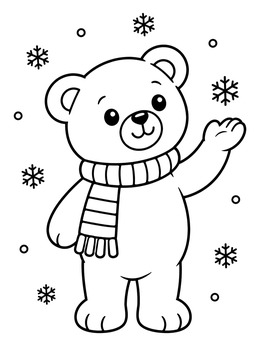 A cute teddy bear coloring page featuring a cozy scarf and falling snowflakes.
