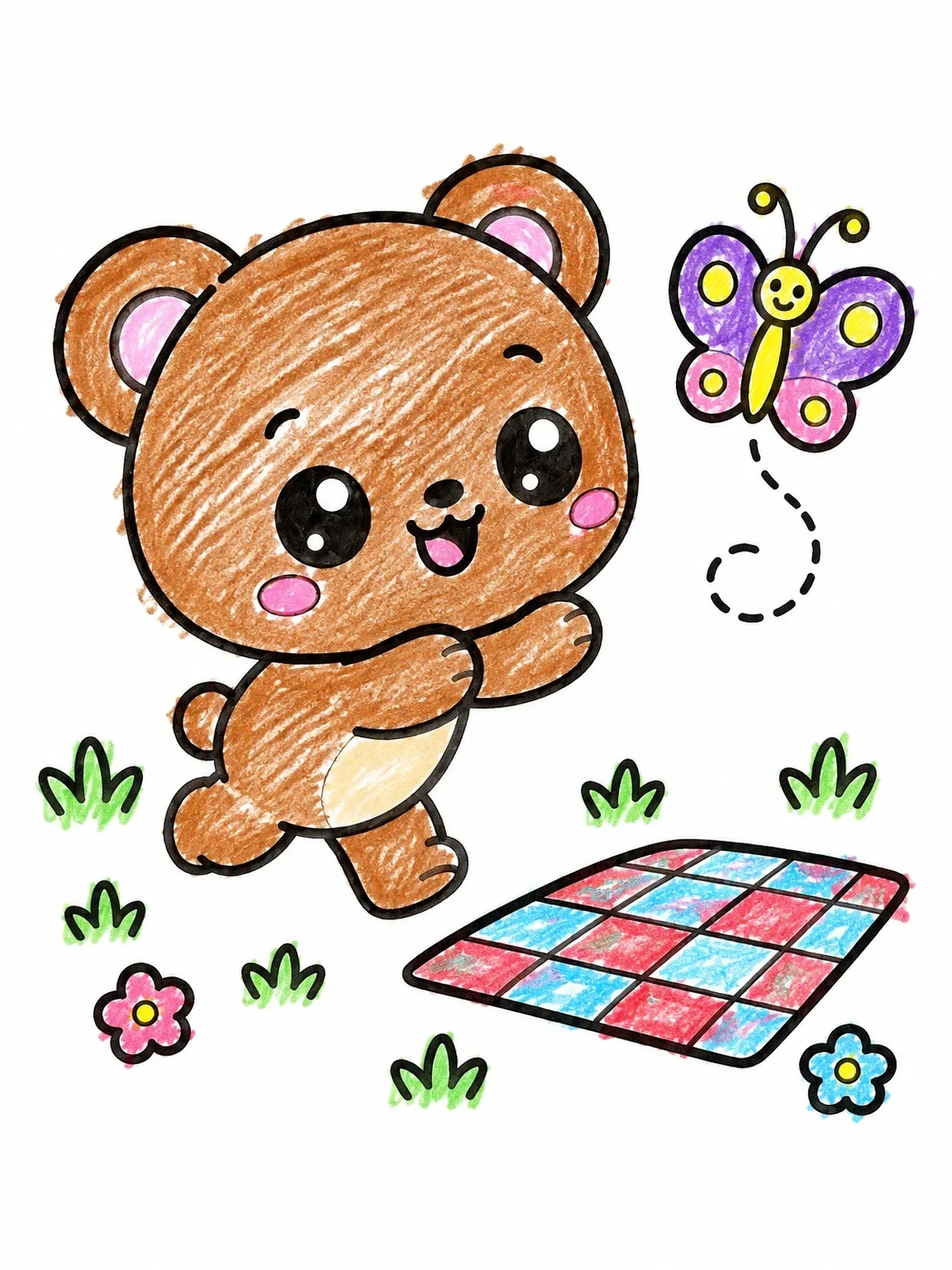 Colored example of the Teddy Bear Chasing A Butterfly coloring page