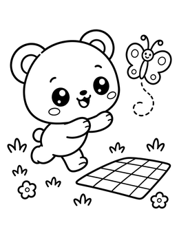 A cheerful teddy bear coloring page showing a bear cub running after a butterfly near a picnic blanket.